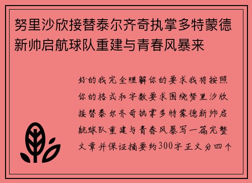 努里沙欣接替泰尔齐奇执掌多特蒙德新帅启航球队重建与青春风暴来 努里沙欣接替泰尔齐奇执掌多特蒙德新帅启航球队重建与青春风暴来